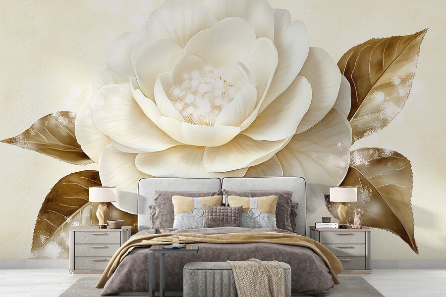 Flor blanca con hojas marrones