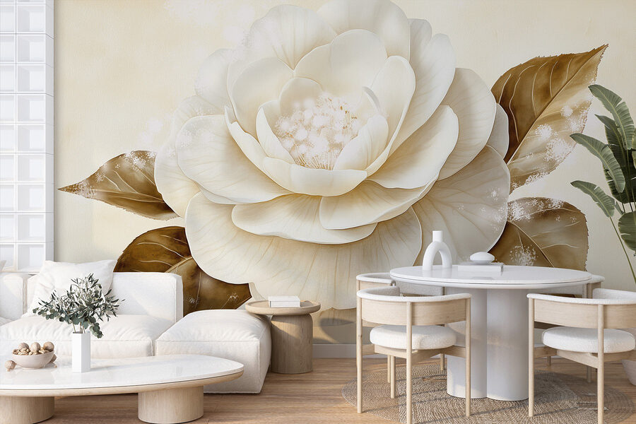 Flor blanca con hojas marrones