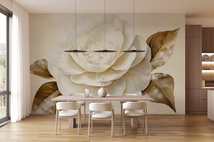 Flor blanca con hojas marrones