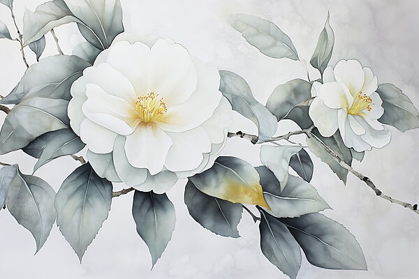 Wall murals White flower with green leaves Wall murals White flower with green leaves