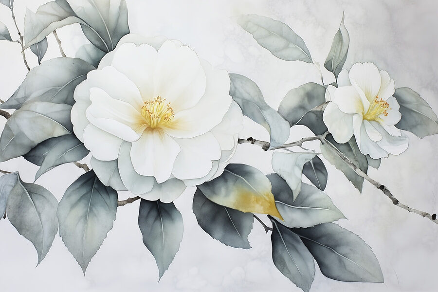 Wall murals White flower with green leaves