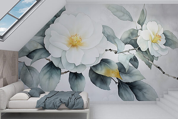 Wall murals White flower with green leaves Wall murals White flower with green leaves