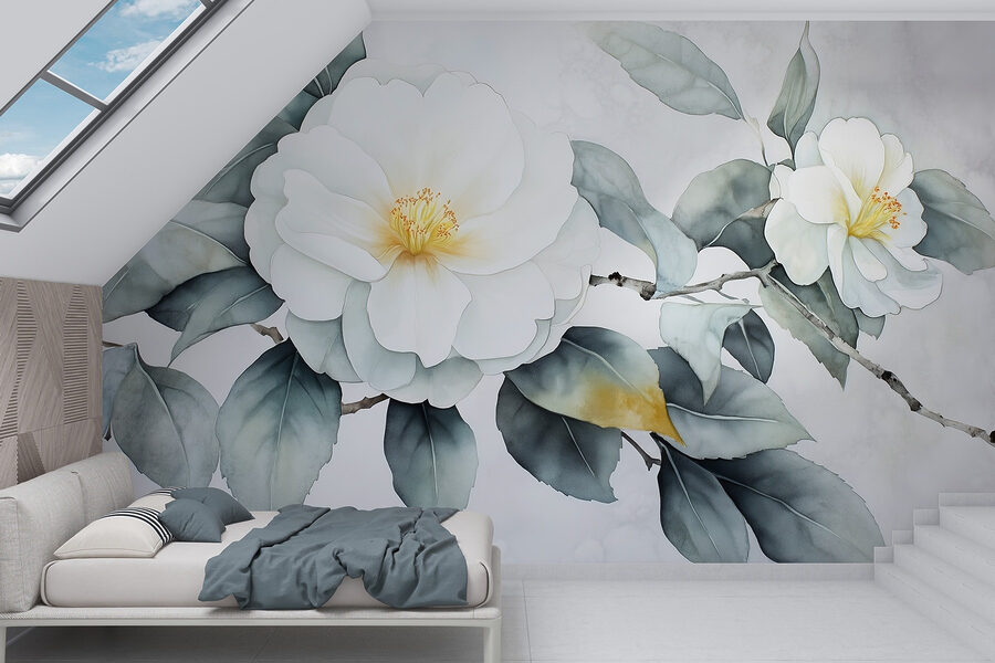 Wall murals White flower with green leaves