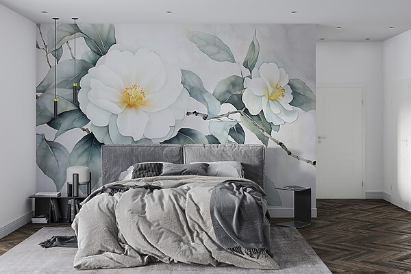 Wall murals White flower with green leaves Wall murals White flower with green leaves