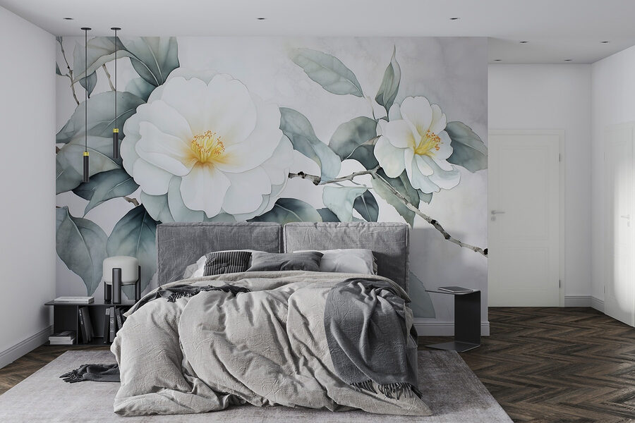 Wall murals White flower with green leaves