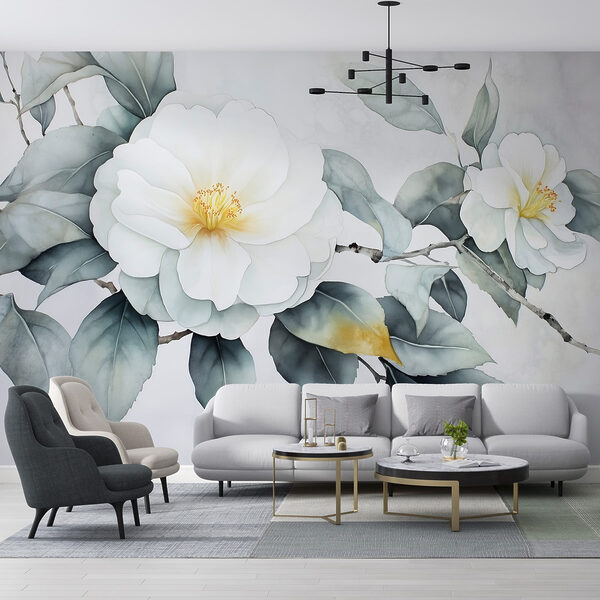 Wall murals White flower with green leaves Wall murals White flower with green leaves