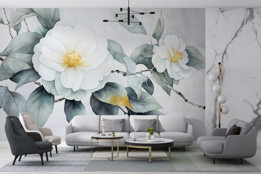 Wall murals White flower with green leaves