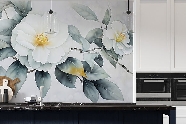 Wall murals White flower with green leaves Wall murals White flower with green leaves