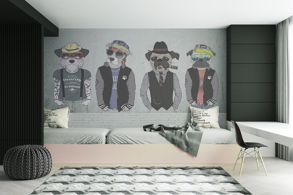 Group of dogs wearing hats and sunglasses