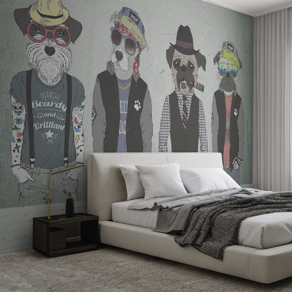 Group of dogs wearing hats and sunglasses