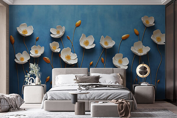 Grupo de flores blancas sobre fondo azul Grupo de flores blancas sobre fondo azul