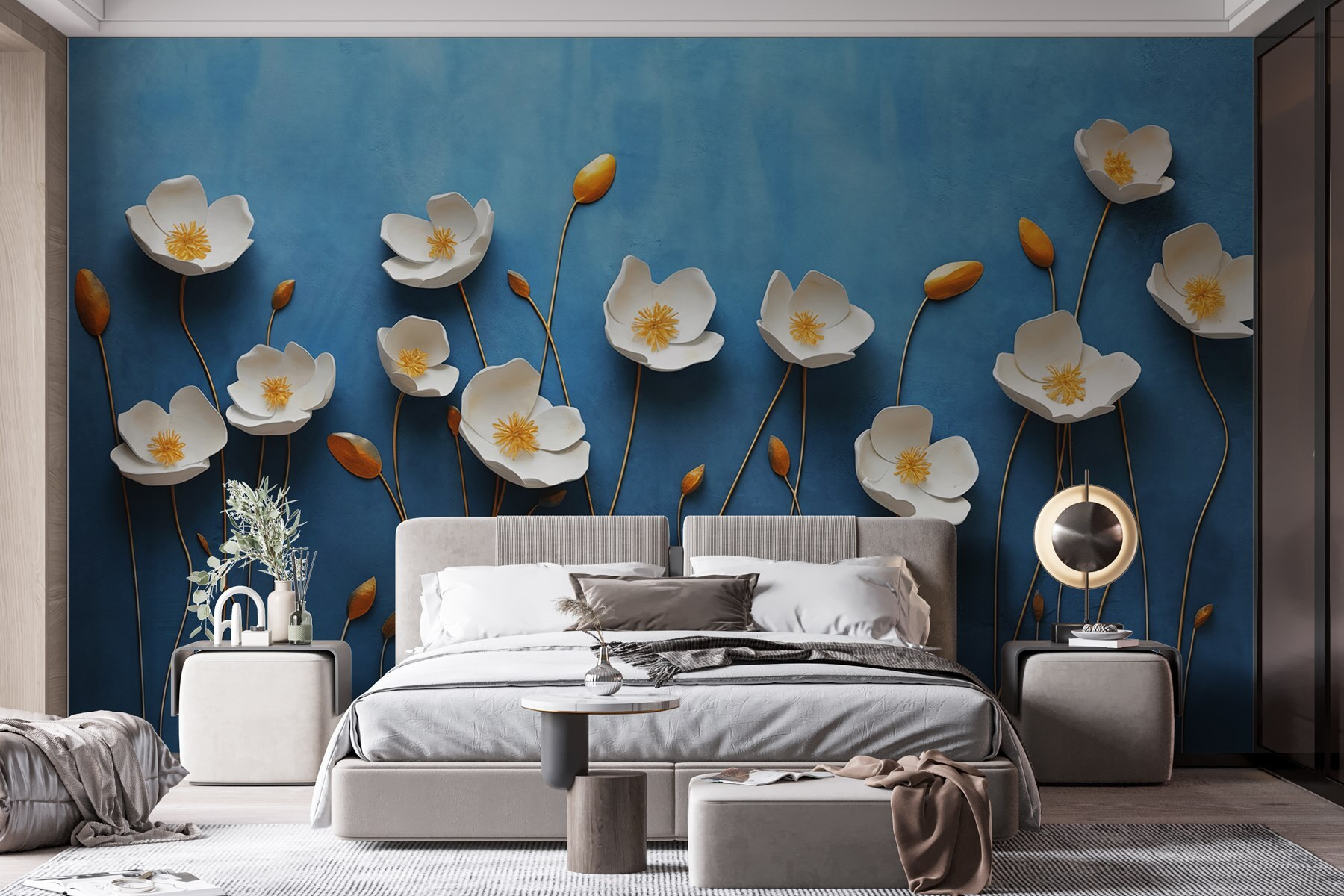 Group of white flowers on a blue background