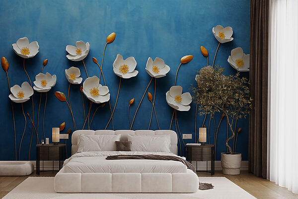 Grupo de flores blancas sobre fondo azul Grupo de flores blancas sobre fondo azul
