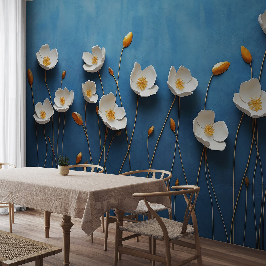 Group of white flowers on a blue background