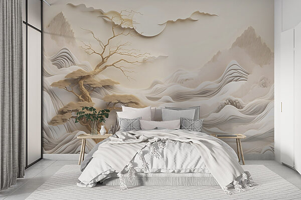 Fotomurales Fotomurales Árboles y montañas con nubes y sol (SKU: w03803)