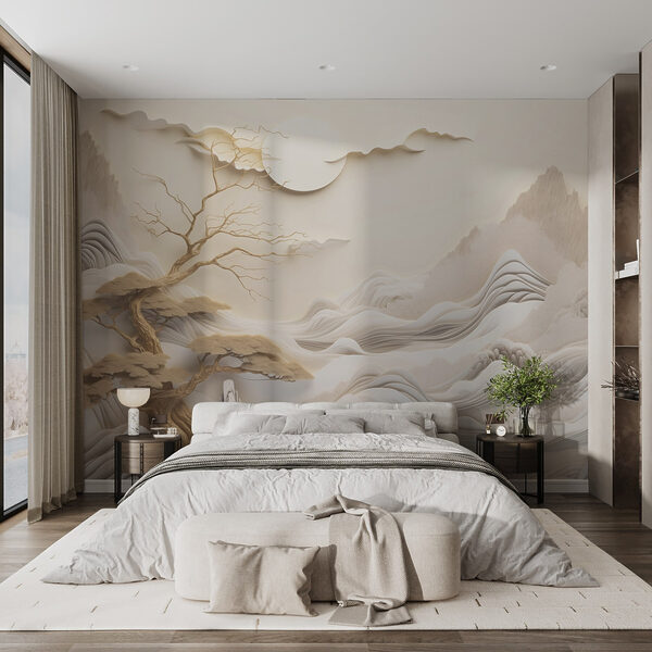 Tree and mountains with clouds and sun Tree and mountains with clouds and sun