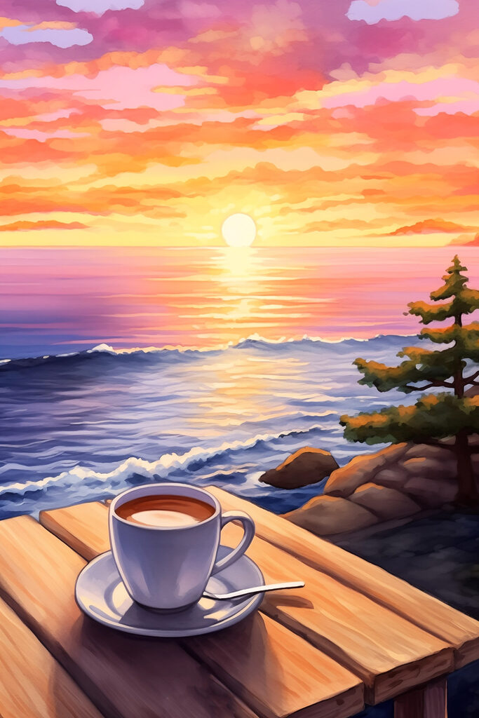 Cup of coffee on a table overlooking a body of water Cup of coffee on a table overlooking a body of water