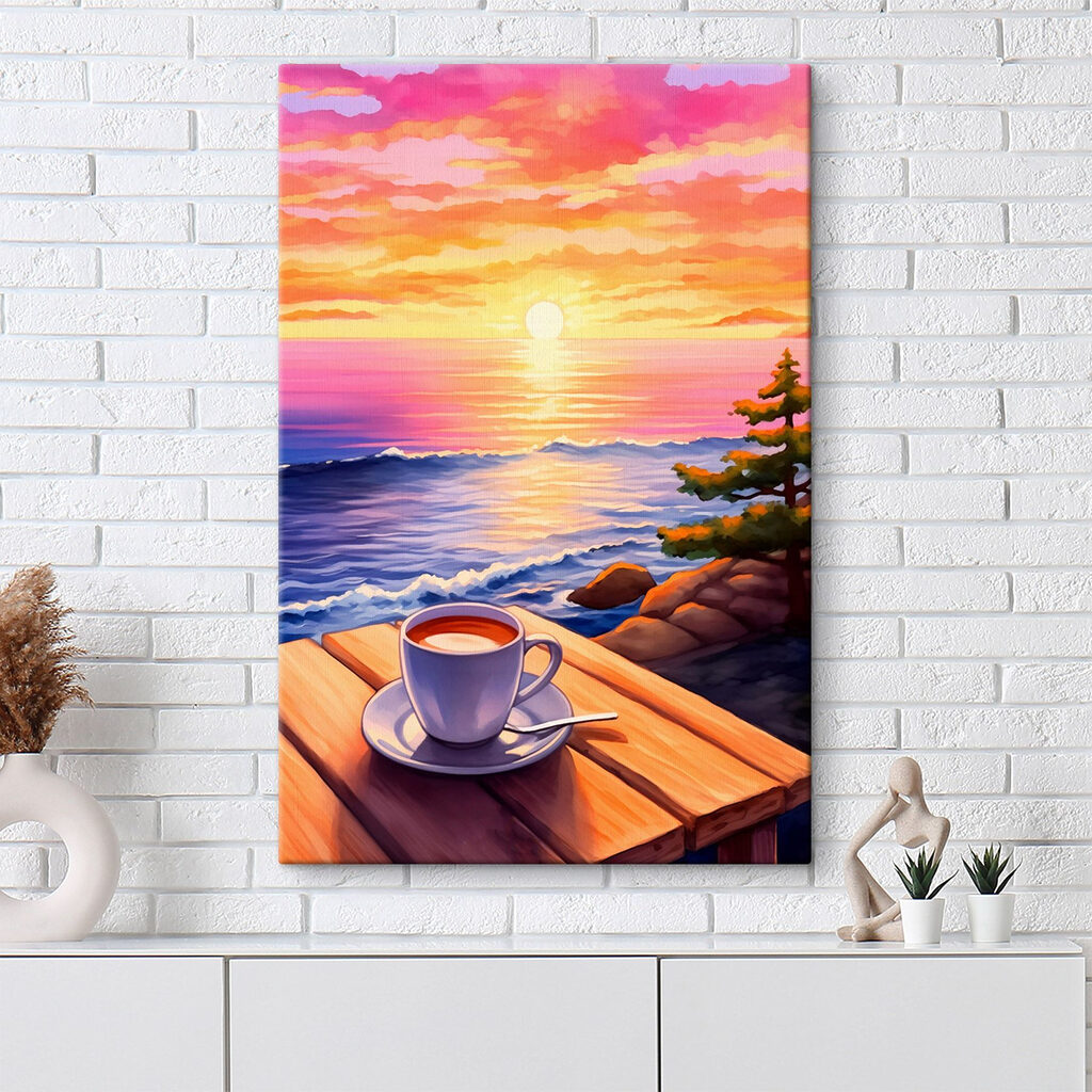Cup of coffee on a table overlooking a body of water Cup of coffee on a table overlooking a body of water
