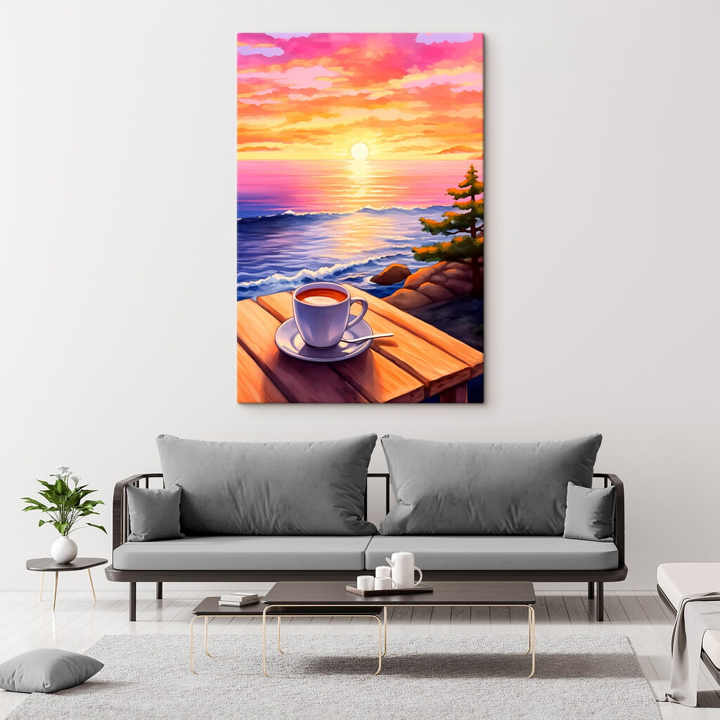 Cup of coffee on a table overlooking a body of water Cup of coffee on a table overlooking a body of water