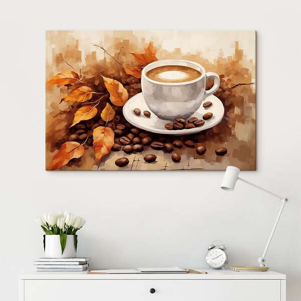 Cuadros Taza de café y granos de café sobre un platillo (SKU: s44116) Cuadros Cuadros Taza de café y granos de café sobre un platillo (SKU: s44116)