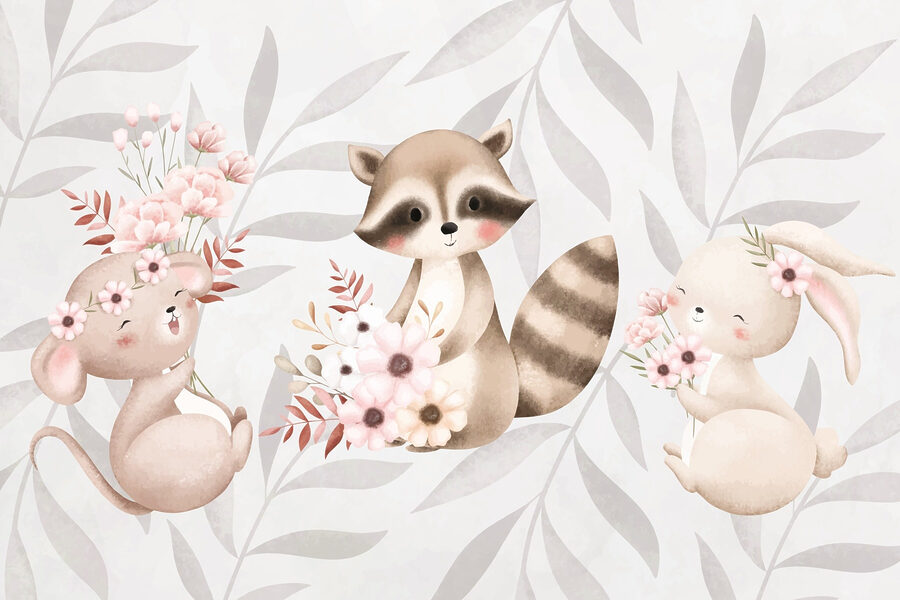 Mapache y conejo sosteniendo flores