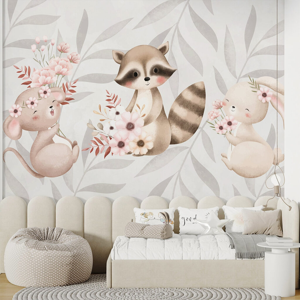 Raccoon and rabbit holding flowers