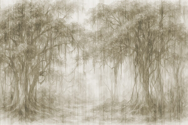 Grupo de árboles en un bosque con niebla Grupo de árboles en un bosque con niebla
