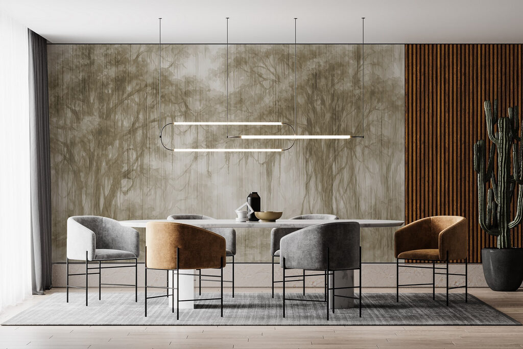 Group of trees in a foggy forest