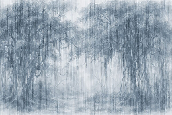 Grupo de árboles en un bosque con niebla Grupo de árboles en un bosque con niebla