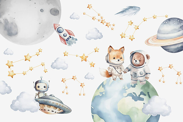 Dibujos animados en acuarela de animales en el espacio Dibujos animados en acuarela de animales en el espacio