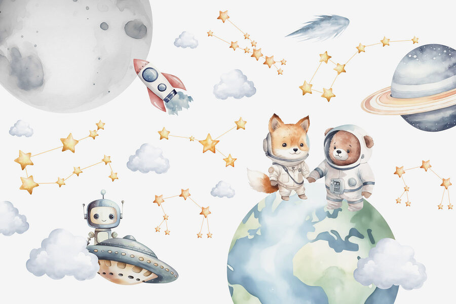 Dibujos animados en acuarela de animales en el espacio