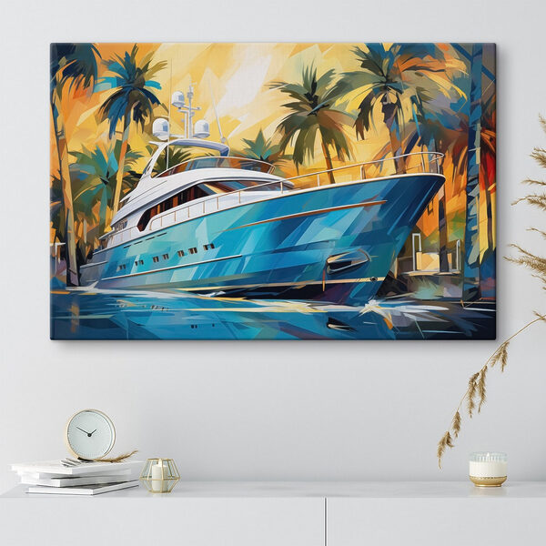 Cuadros Un barco azul en el agua con palmeras