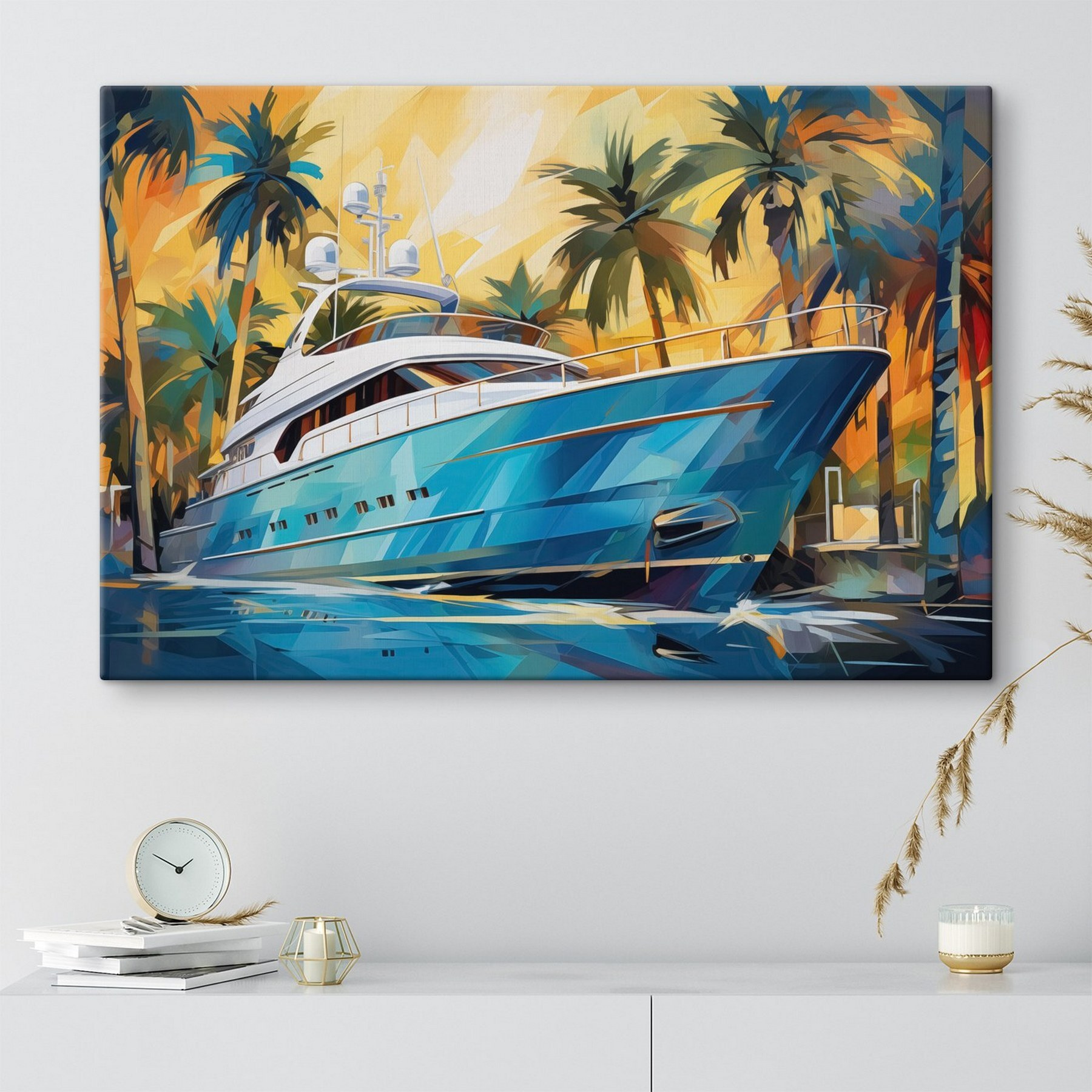 Blue boat in water with palm trees Blue boat in water with palm trees