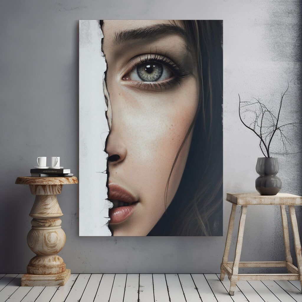 Woman's face with a torn paper