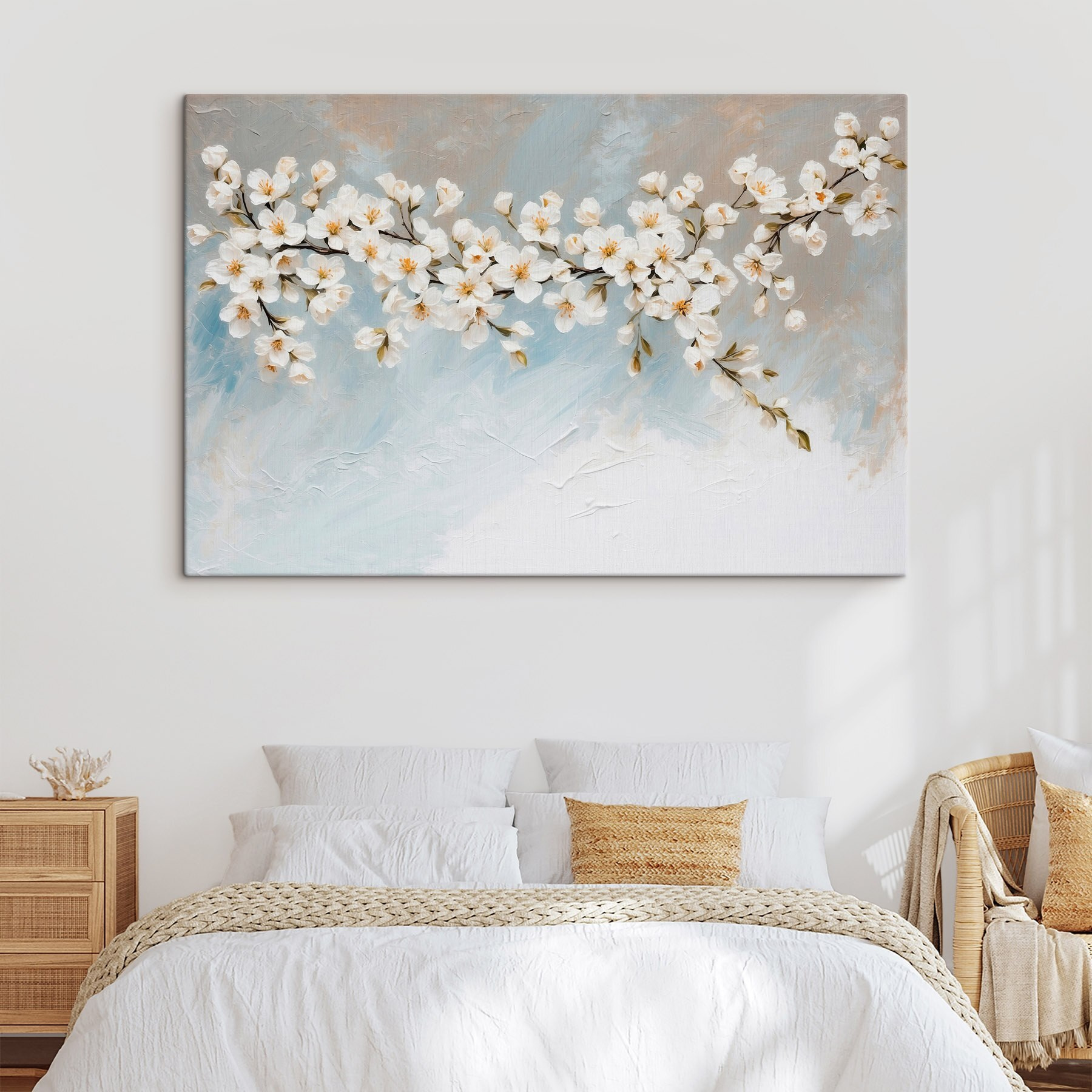 Painting of white flowers on a branch Painting of white flowers on a branch