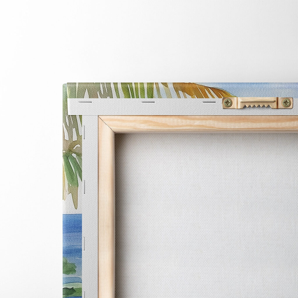 Watercolor painting of a beach and ocean