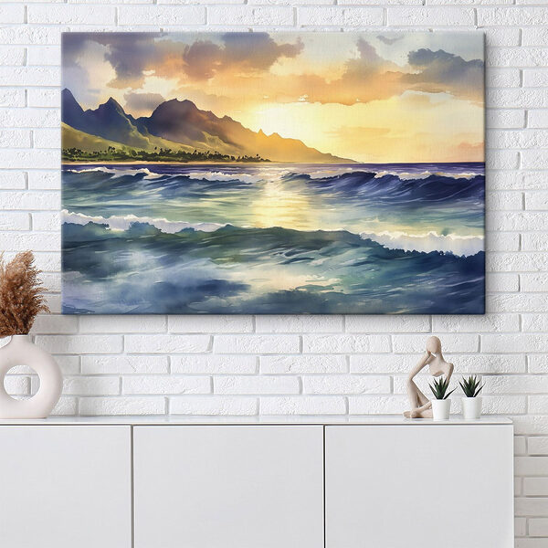 Cuadros Acuarela de olas y montañas al fondo