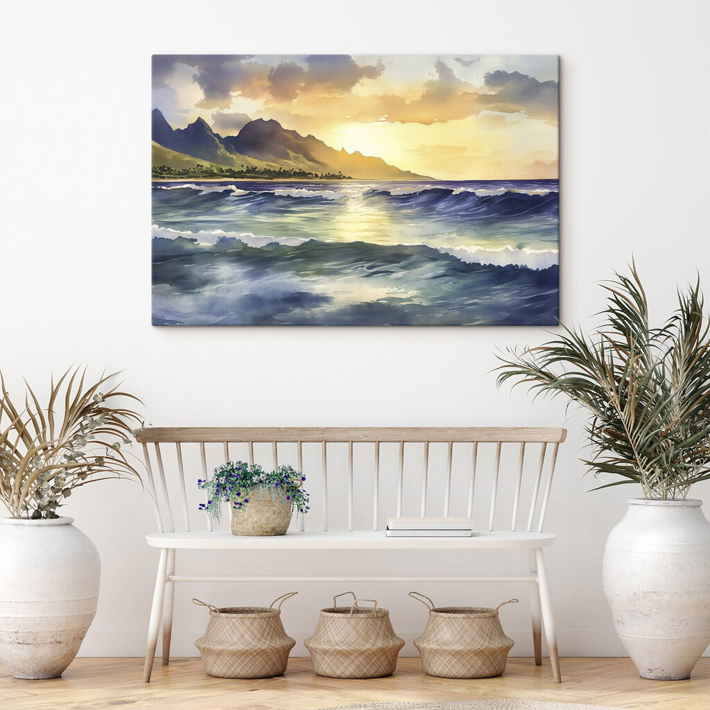 Watercolor of waves and mountains in the background Watercolor of waves and mountains in the background