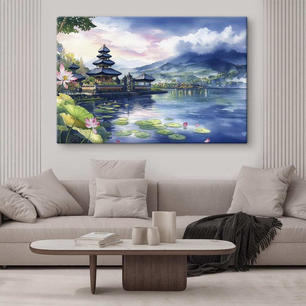 Watercolor painting of a lake with a pagoda and lily pads