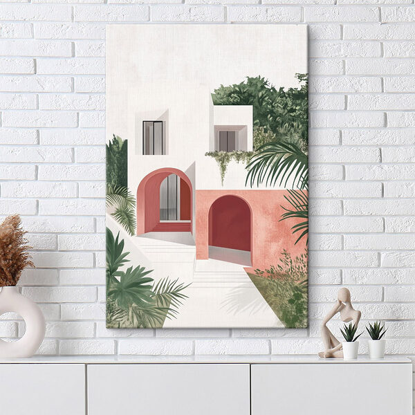 Cuadros Casa blanca y rosa con árboles