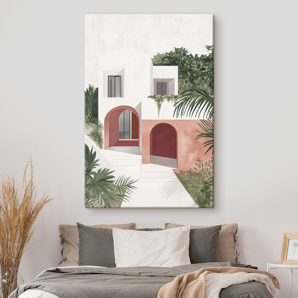White and pink house with trees