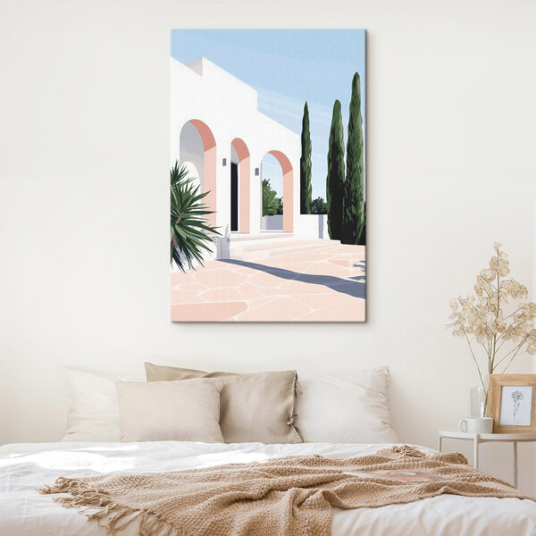 Cuadros Edificio blanco con arcos rosas y árboles (SKU: s44153) Cuadros Cuadros Edificio blanco con arcos rosas y árboles (SKU: s44153)