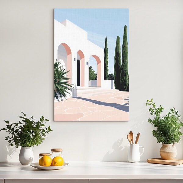 White building with pink arches and trees White building with pink arches and trees