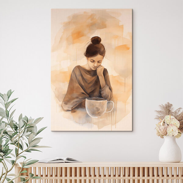 Cuadros Una mujer con la mano en la cara, mirando hacia abajo a una taza de café (SKU: s44158) Cuadros Cuadros Una mujer con la mano en la cara, mirando hacia abajo a una taza de café (SKU: s44158)