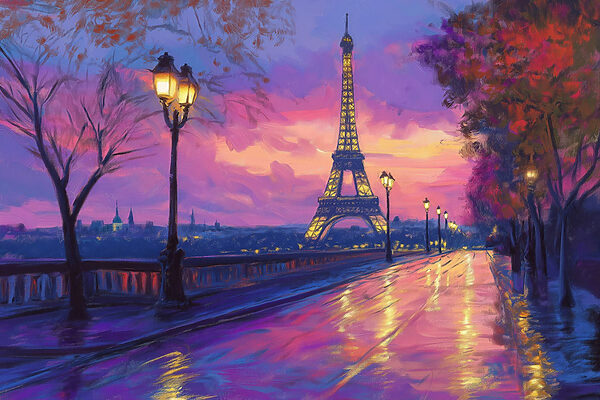 Street with a lit up tower in the distance