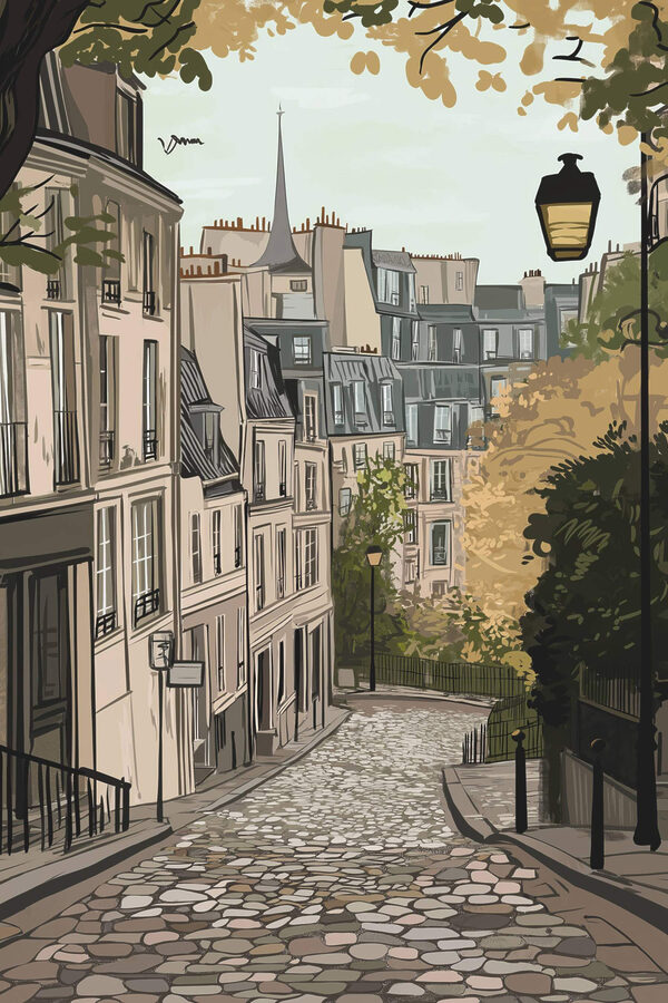 Street with buildings and a lamp post