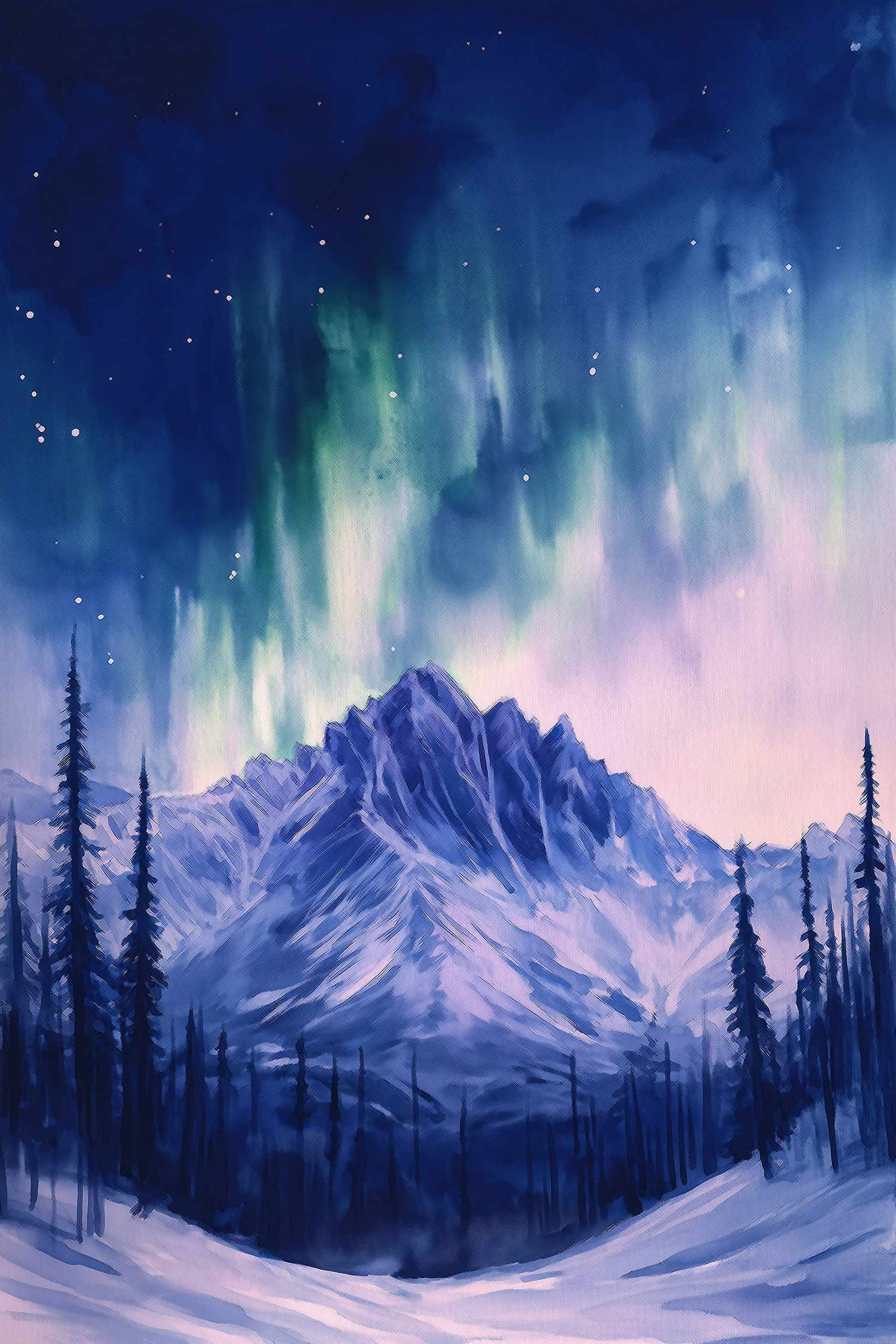 Painting of a mountain with trees and aurora borealis Painting of a mountain with trees and aurora borealis