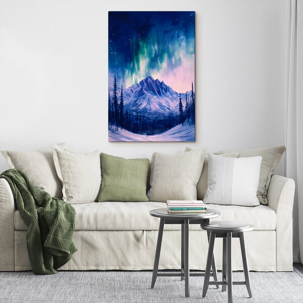 Cuadros Cuadros Cuadro de una montaña con árboles y aurora boreal (SKU: s44172)