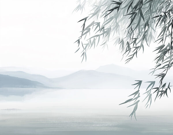 Water and trees with mountains in the background Water and trees with mountains in the background