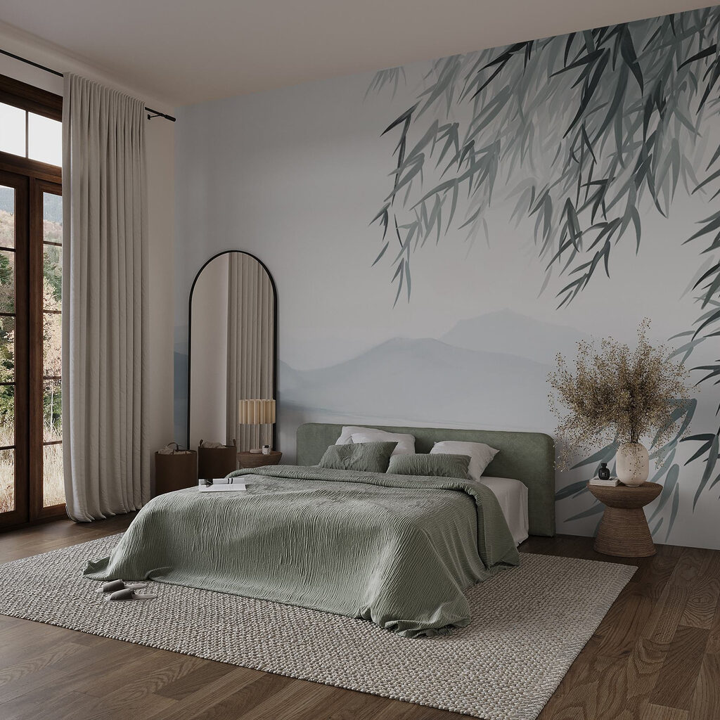 Water and trees with mountains in the background Water and trees with mountains in the background